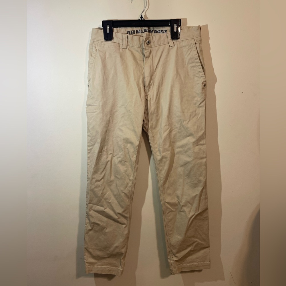 Duluth Trading Mens Pants 32 x 30 slim Fit Flex Ballroom Khakis tan side pocket